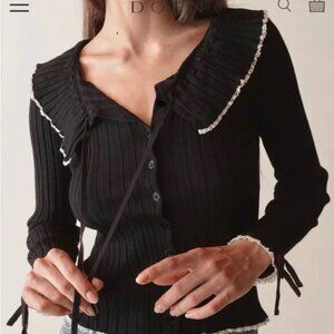 DOEN Emanuelle Black Ribbed Cardigan Sweater with Lace Ruffle Trim M
